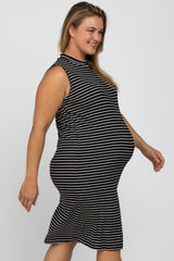 Black Striped Mock Neck Maternity Plus Midi Dress