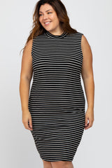 Black Striped Mock Neck Plus Midi Dress