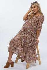 Rust Floral Tiered Ruffle Accent Maternity Midi Dress