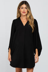 Black Solid Draped Bubble Sleeve Maternity Dress