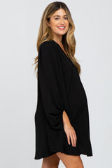 Black Solid Draped Bubble Sleeve Maternity Dress