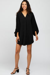 Black Solid Draped Bubble Sleeve Maternity Dress