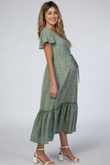 Light Olive Printed Maternity Midi Dress