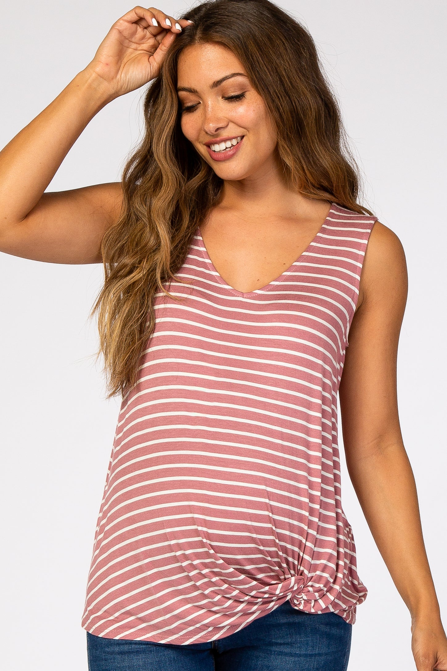 Mauve Striped Sleeveless Tie Front Maternity Top