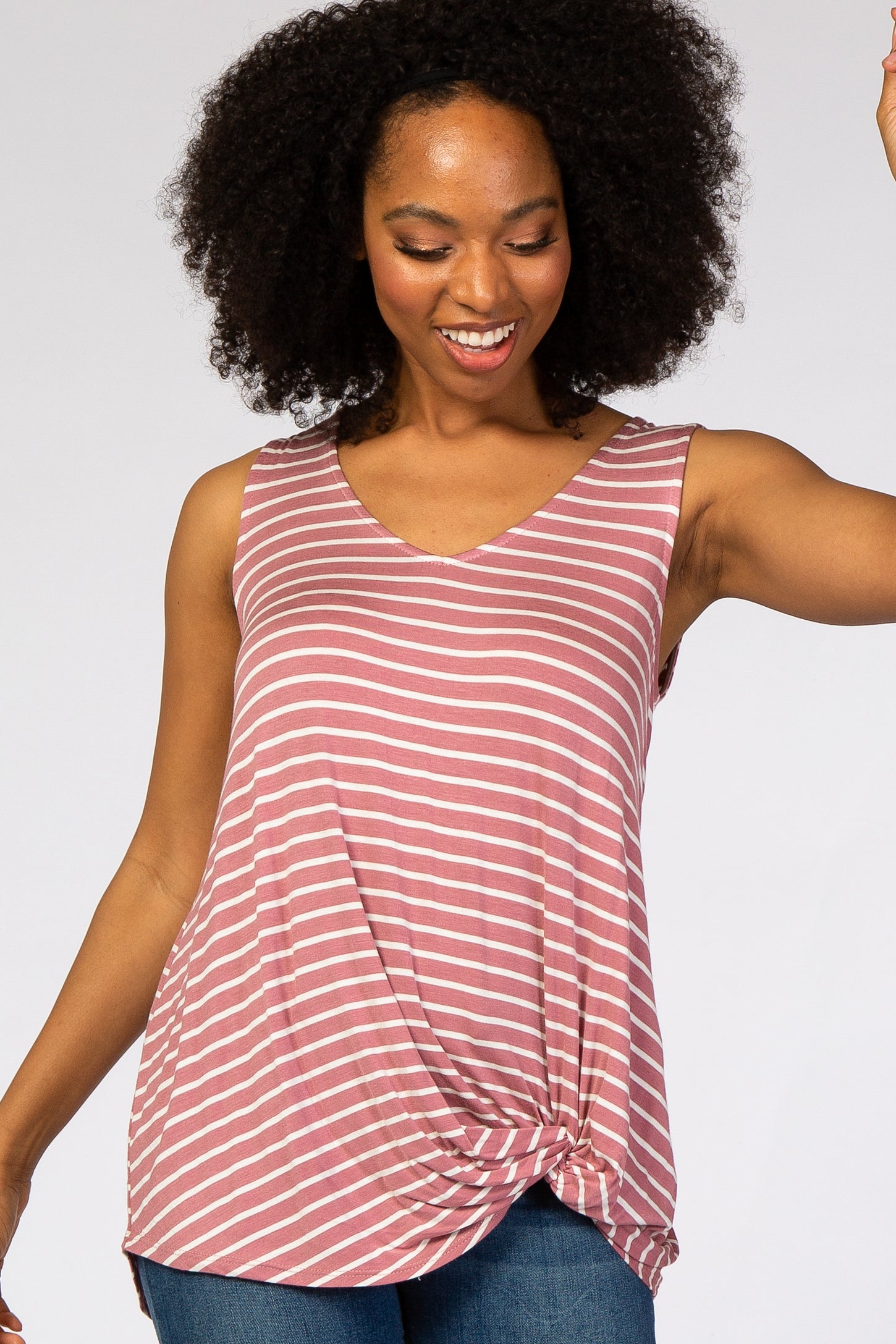 Mauve Striped Sleeveless Tie Front Maternity Top