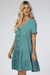 Teal Floral Button Down Tiered Dress