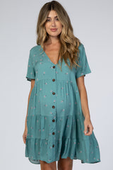 Teal Floral Button Down Tiered Maternity Dress