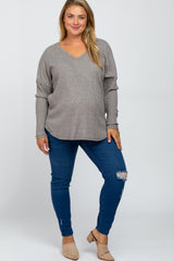 Heather Grey Waffle Knit Long Sleeve Maternity Plus Top