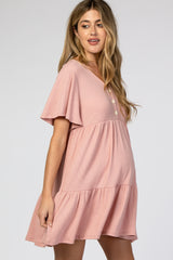 Pink Button Front Tiered Maternity Dress