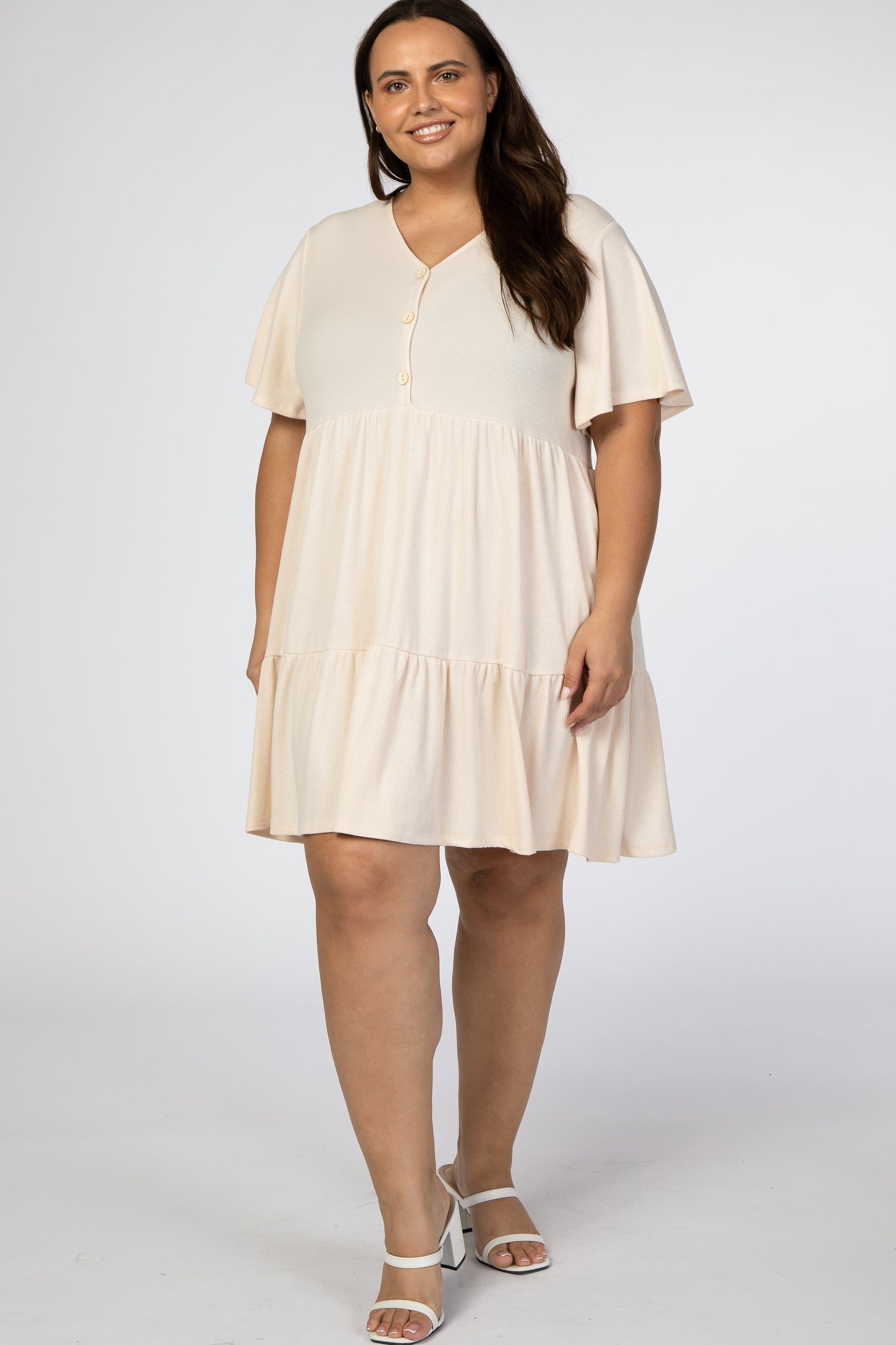 Cream Button Front Tiered Plus Dress