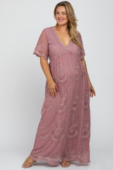 Mauve Lace Mesh Overlay Maternity Plus Maxi Dress