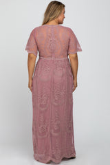 Mauve Lace Mesh Overlay Maternity Plus Maxi Dress