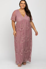 Mauve Lace Mesh Overlay Maternity Plus Maxi Dress