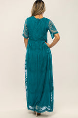 Teal Lace Mesh Overlay Maxi Dress