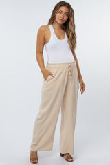 Beige Linen Drawstring Maternity Pants