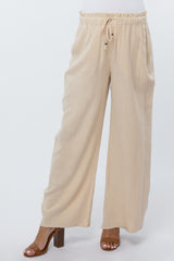 Beige Linen Drawstring Maternity Pants