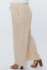 Beige Linen Drawstring Maternity Pants