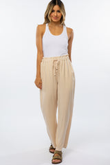 Beige Linen Drawstring Maternity Pants