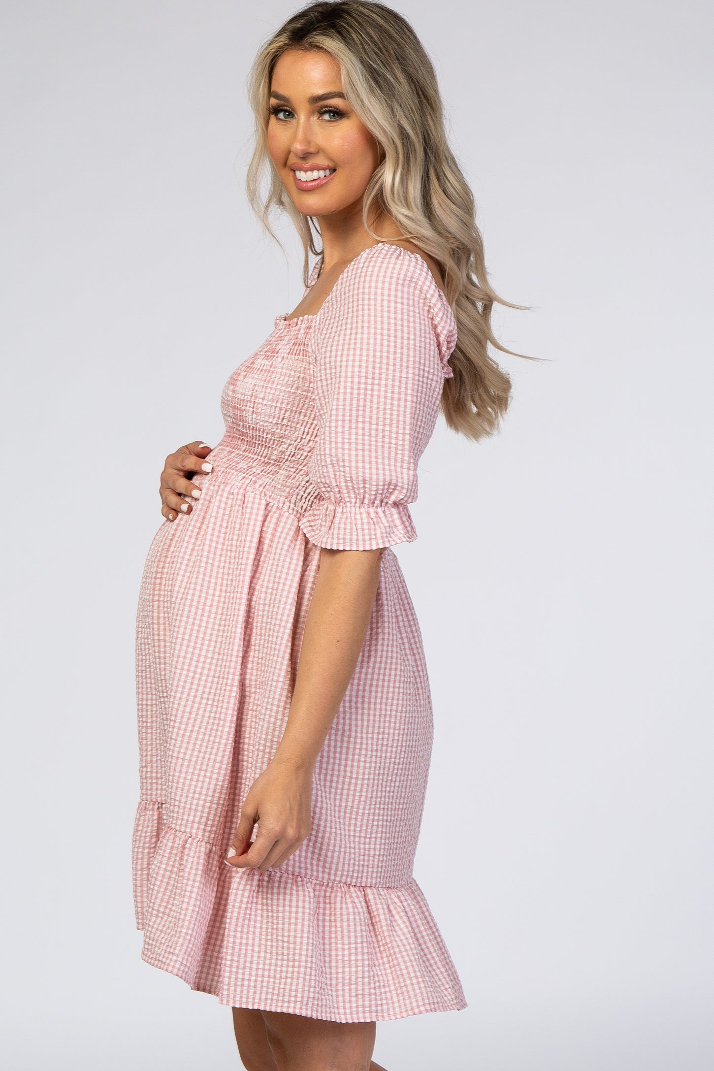 Pink Gingham Print Puff Sleeve Maternity Dress