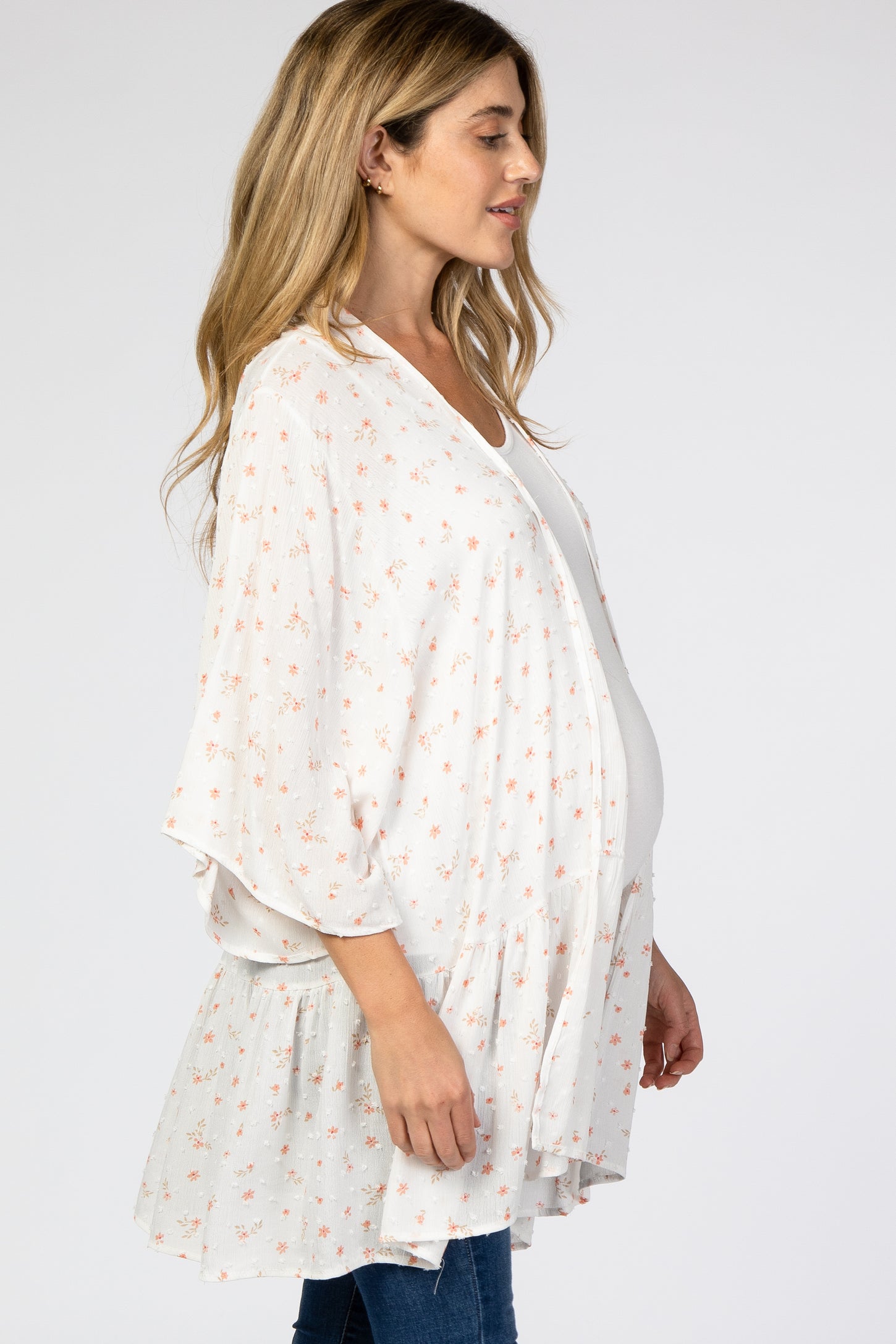 Ivory Floral Swiss Dot Ruffle Hem Maternity Cover Up