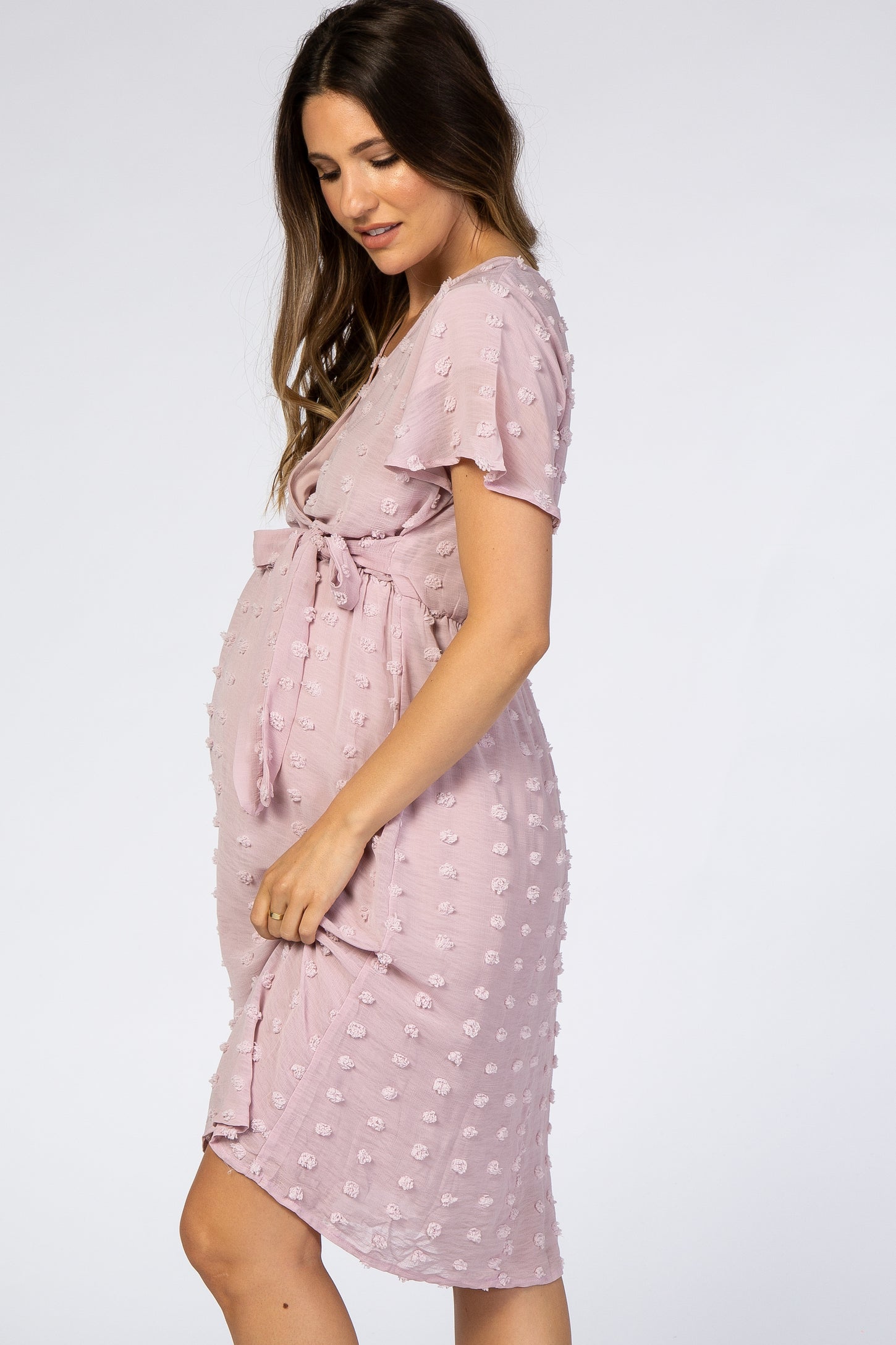 Lavender Swiss Dot Maternity Midi Dress