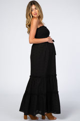 Black Strapless Smocked Front Eyelet Maternity Maxi Dress