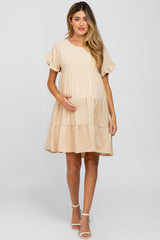 Taupe Swiss Dot Tiered Maternity Dress