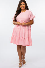 Pink Swiss Dot Ruffle Tiered Plus Dress