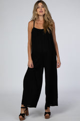 Black French Terry Wide Leg Maternity Jumpsuit