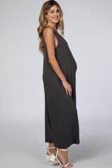 Charcoal Basic Cropped Wide Leg Maternity Jumpsuit