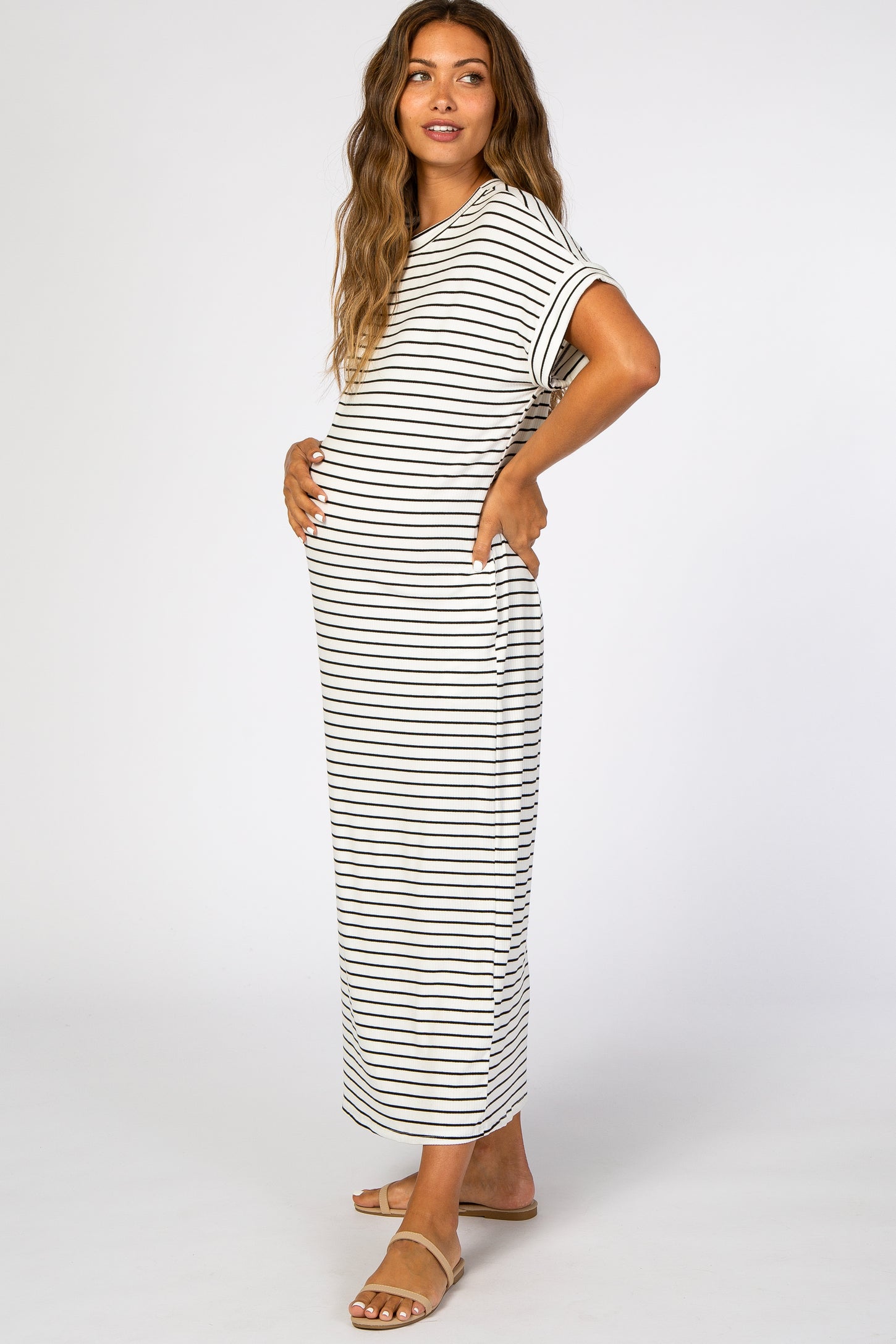 White Striped Rib Mock Neck Maternity Midi Dress