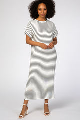 White Striped Rib Mock Neck Midi Dress