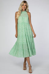 Green Floral Chiffon Tiered Maternity Midi Dress