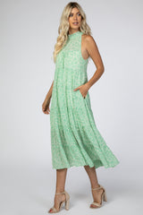 Green Floral Chiffon Tiered Midi Dress