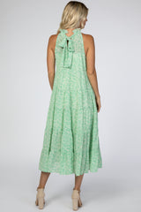 Green Floral Chiffon Tiered Midi Dress