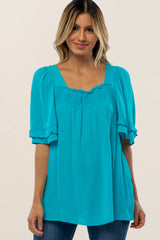 Turquoise Square Smocked Neck Ruffle Sleeve Maternity Top