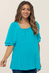 Turquoise Square Smocked Neck Ruffle Sleeve Maternity Top