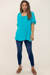 Turquoise Square Smocked Neck Ruffle Sleeve Maternity Top