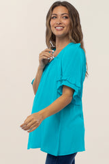 Turquoise Square Smocked Neck Ruffle Sleeve Maternity Top