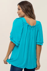 Turquoise Square Smocked Neck Ruffle Sleeve Maternity Top