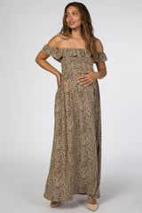 Taupe Animal Print Off Shoulder Smocked Maternity Maxi Dress