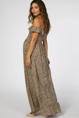 Taupe Animal Print Off Shoulder Smocked Maternity Maxi Dress