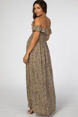 Taupe Animal Print Off Shoulder Smocked Maternity Maxi Dress