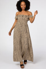 Taupe Animal Print Off Shoulder Smocked Maternity Maxi Dress