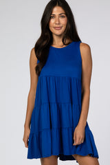Royal Blue Soft Knit Pleated Tiered Sleeveless Dress