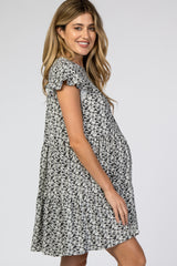 Black Floral Tiered Ruffle Accent Maternity Dress