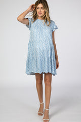 Blue Floral Tiered Ruffle Accent Maternity Dress