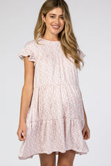 Mauve Floral Tiered Ruffle Accent Maternity Dress