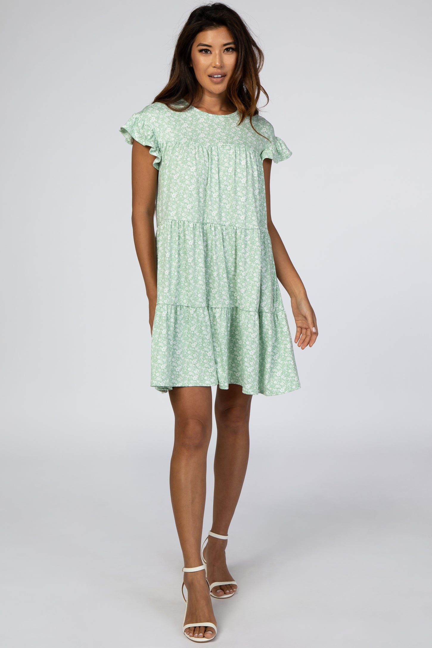 Mint Green Floral Tiered Ruffle Accent Dress
