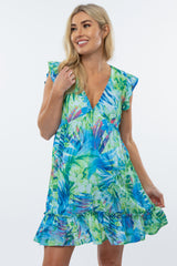 Blue Green Tropical Print Maternity Dress